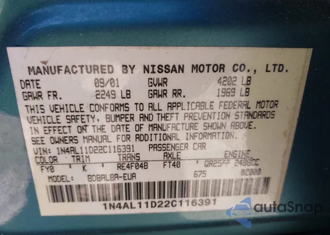 2002 Nissan Altima 2.5 S from USA, damaged, VIN 1N4AL11D22C116391